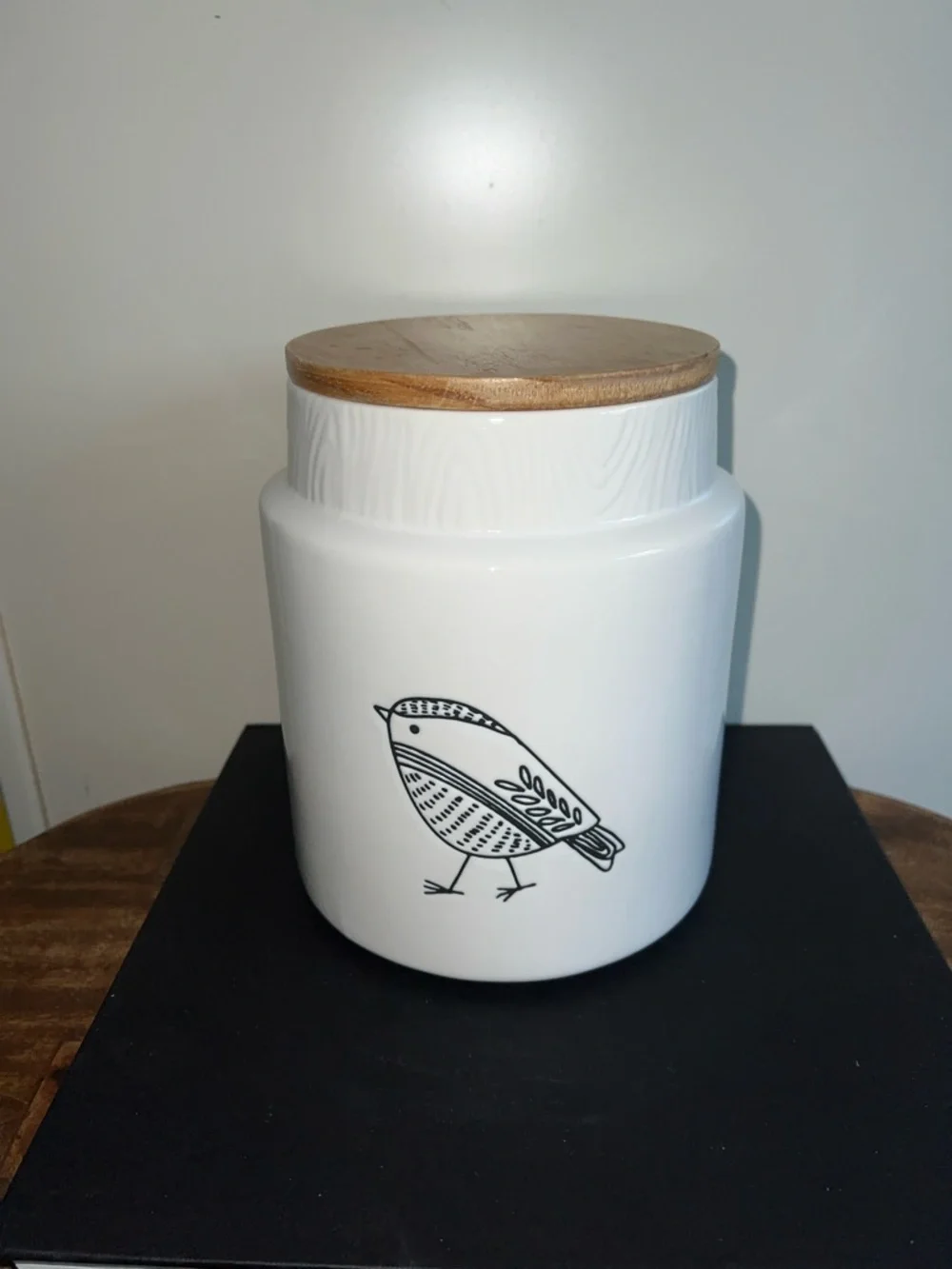 Pier 1 White Ceramic Canister with Black Logo